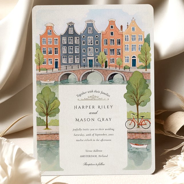 Watercolor Amsterdam Canal Houses & Tulips Wedding Invitation (Creator Uploaded)