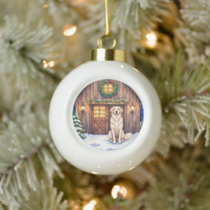 Watercolor Anatolian Shepherd Dog Rustic Barn Ceramic Ball Christmas Ornament