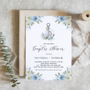 Watercolor Anchor and Blue Flowers Couples Shower Invitation