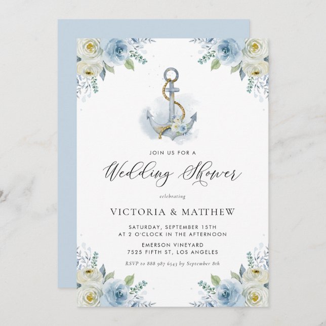 Watercolor Anchor and Blue Flowers Wedding Shower Invitation (Front/Back)