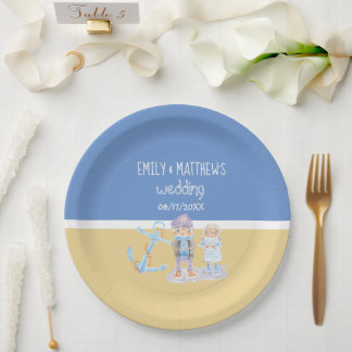 Watercolor Anchor and Cute Sea Otter Couple Paper Plate