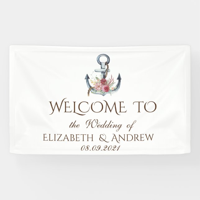 Watercolor Anchor Flowers Nautical Banner (Horizontal)