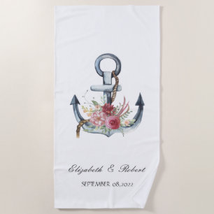 Watercolor Anchor Flowers Nautical   Beach Towel