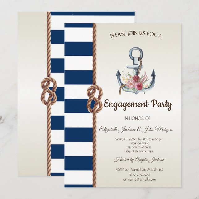 Watercolor Anchor Flowers Nautical Engagement Invitation (Front/Back)