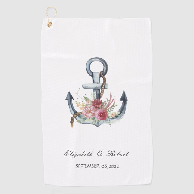 Watercolor Anchor Flowers Nautical  Golf Towel (Front)