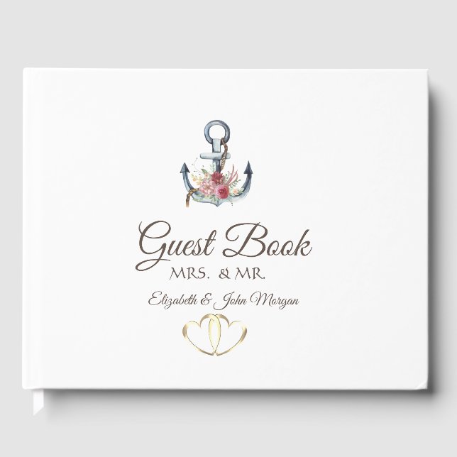 Watercolor Anchor Flowers Nautical Guest Book (Front)