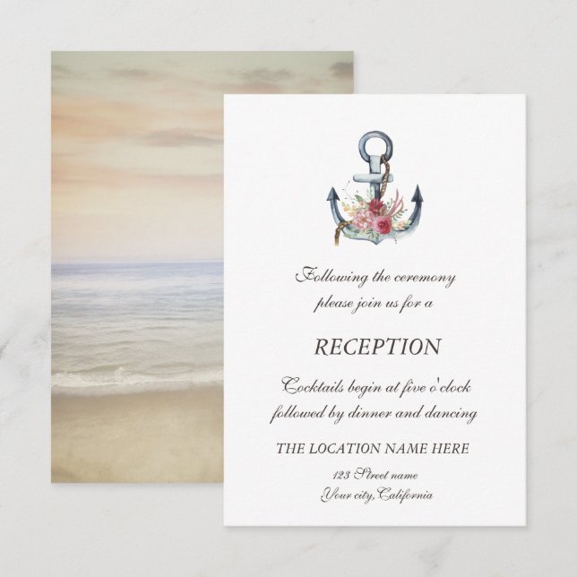 Watercolor Anchor Flowers Nautical Reception  Invitation (Front/Back)