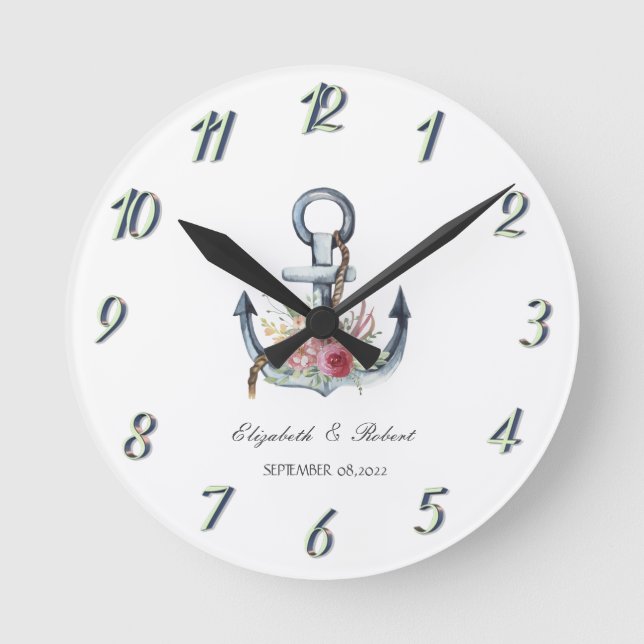 Watercolor Anchor Flowers Nautical   Round Clock (Front)