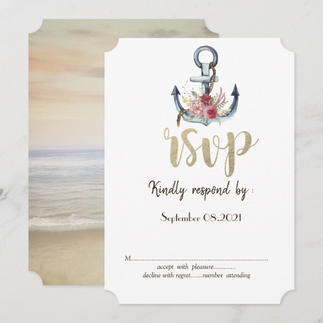 Watercolor Anchor Flowers Nautical RSVP  Invitation (Front/Back)