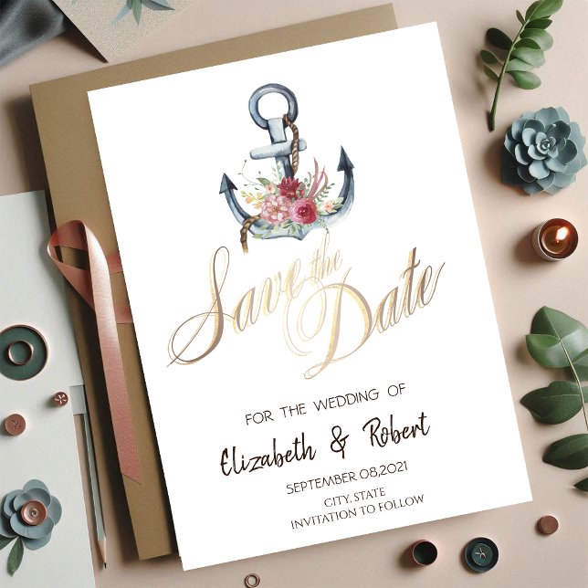 Watercolor Anchor Flowers Nautical Save The Date (Creator Uploaded)