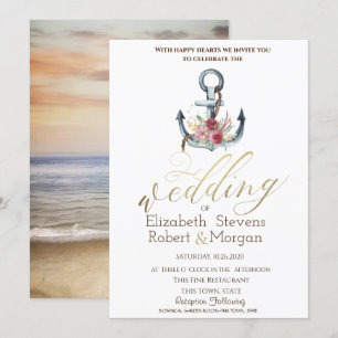 Watercolor Anchor Flowers Nautical Wedding Invitation