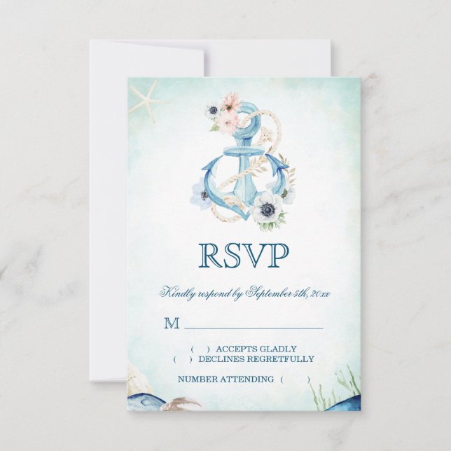 Watercolor Anchor Flowers Starfish Beach Wedding RSVP Card (Front)