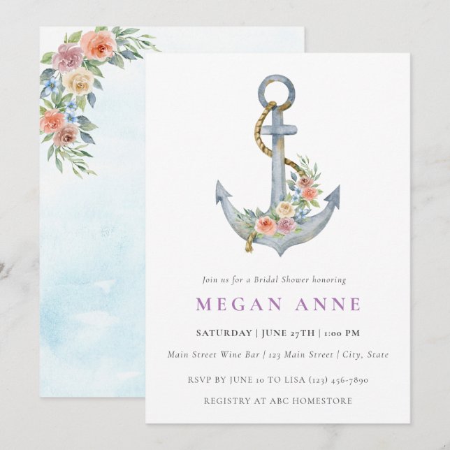 Watercolor Anchor & Flowers Wedding Shower Invite (Front/Back)