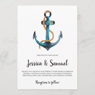 Watercolor Anchor Modern Nautical Wedding Invitation