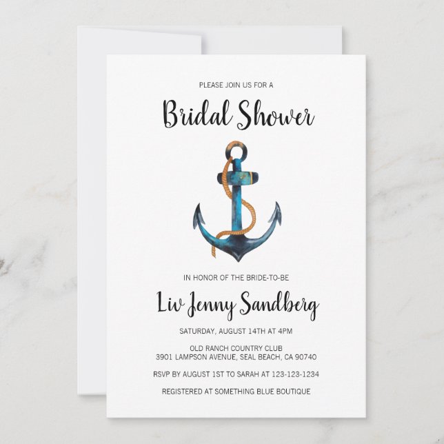 Watercolor Anchor Nautical Bridal Shower Invitation (Front)