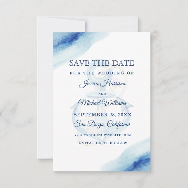 Watercolor Anchor Navy Modern Nautical Save The Date (Front)