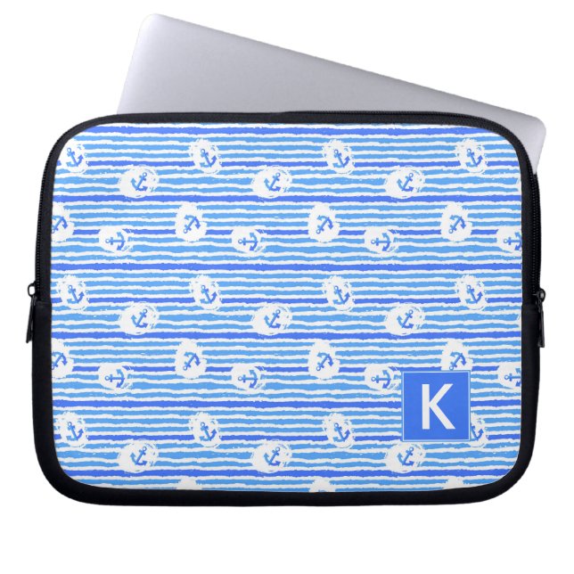 Watercolor Anchor Pattern | Add Your Initial Laptop Sleeve (Front)