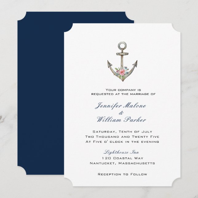Watercolor Anchor with flowers wedding  Invitation (Front/Back)