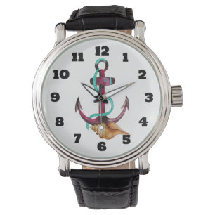Watercolor Anchor With Rope And Seashell Watch