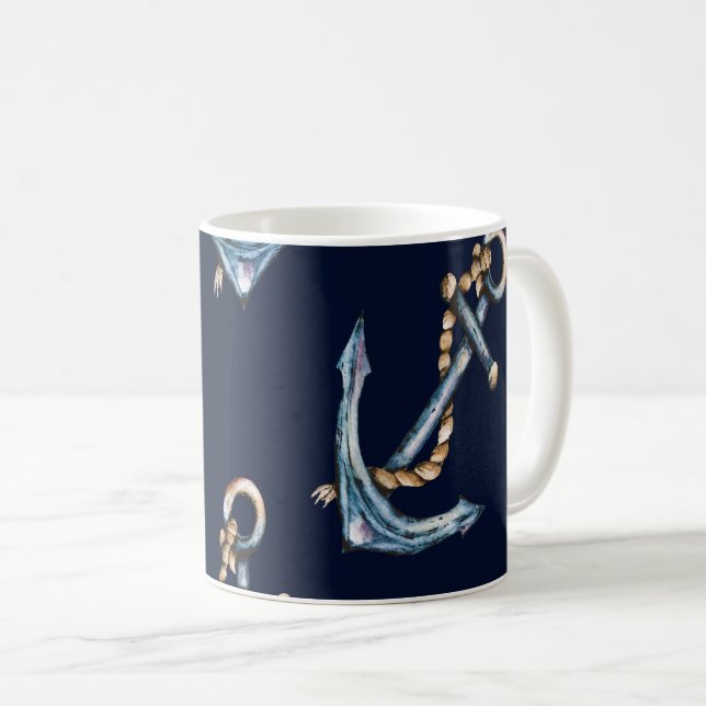 Watercolor Anchors Navy Blue  Coffee Mug (Front Right)