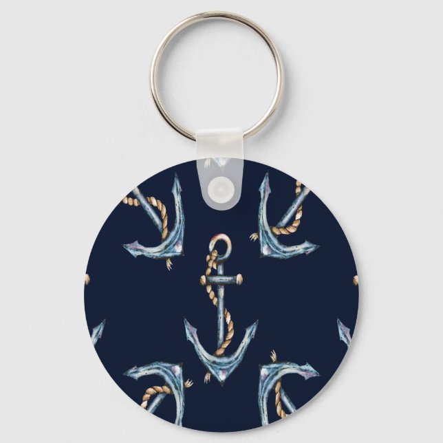 Watercolor Anchors Navy Blue  Key Ring (Front)