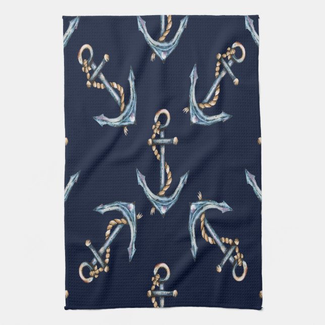Watercolor Anchors Navy Blue   Tea Towel (Vertical)
