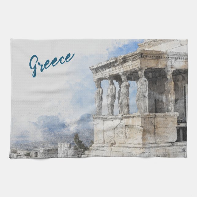 Watercolor Ancient Athens Ruins Kitchen Towel  (Horizontal)