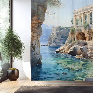 Watercolor Ancient Greek Coastal Ruins Shower Curtain