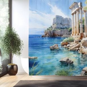 Watercolor Ancient Greek Coastal Ruins Shower Curtain
