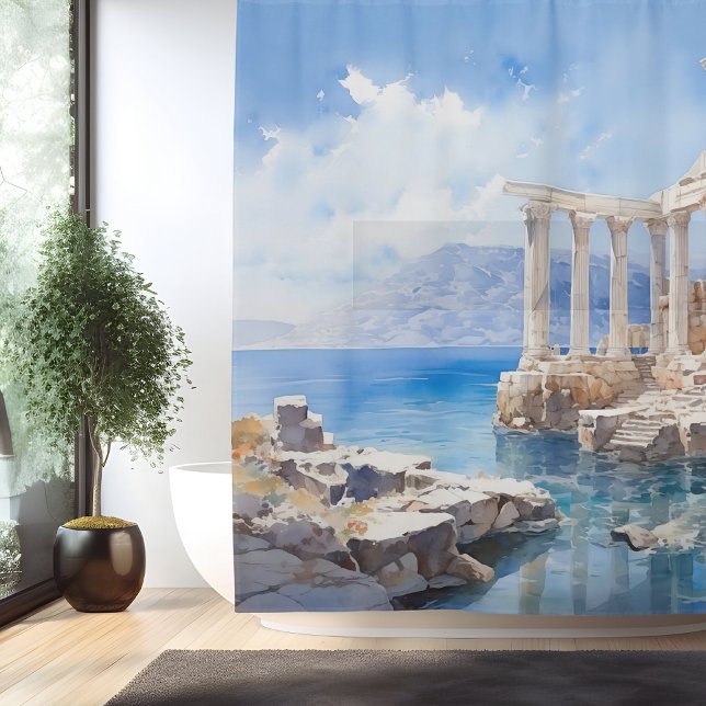 Watercolor Ancient Greek Coastal Ruins Shower Curtain (Creator Uploaded)