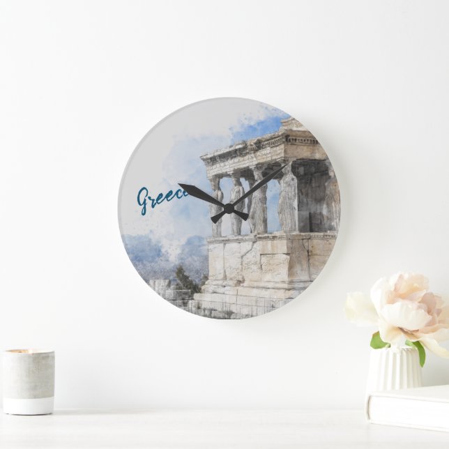 Watercolor Ancient Sites ruins in Athens, Greece Large Clock (Home)