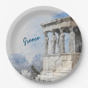 Watercolor Ancient Sites ruins in Athens, Greece Paper Plate