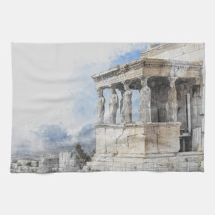 Watercolor Ancient Sites ruins in Athens, Greece  Tea Towel