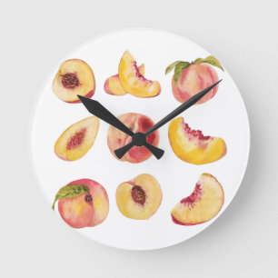 Watercolor And Colourful Fresh Peach Slices, Round Clock
