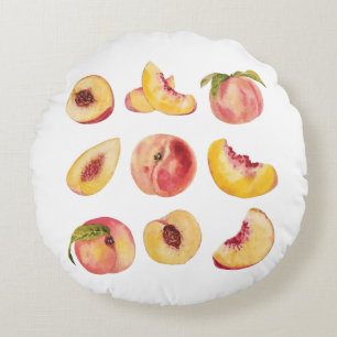 Watercolor And Colourful Fresh Peach Slices, Round Cushion