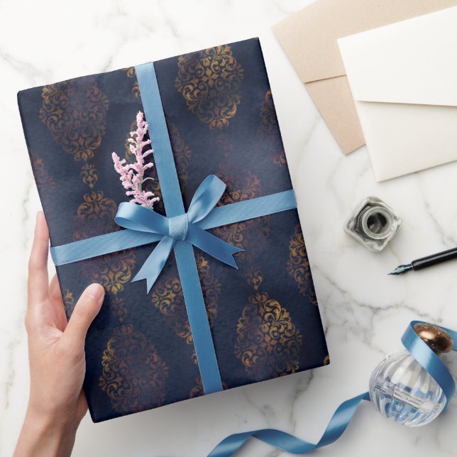 Watercolor and Copper Patina Damask Pattern  Wrapping Paper (Gifting)