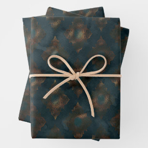 Watercolor and Copper Patina Damask Pattern Wrapping Paper Sheet
