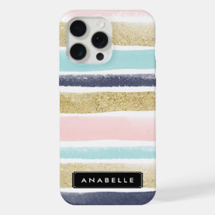 Watercolor and Faux Glitter Stripes iPhone 15 Pro Max Case