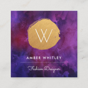 Watercolor and Faux Gold Foil Circle   Deep Purple Square Business Card