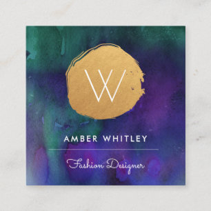 Watercolor and Faux Gold Foil Circle Teal Purple Square Business Card