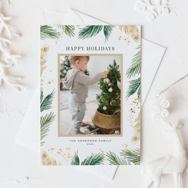 Watercolor and Faux Gold Foil Pine Needles Photo Postcard (Green Watercolor and Faux Gold Foil Pine Needles Photo Happy Holidays Postcard)