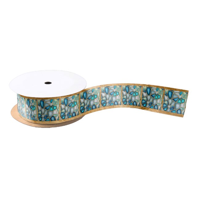 Watercolor and gold cells - ocean satin ribbon (Spool)