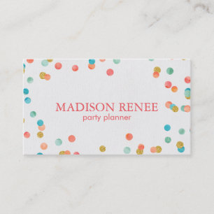 Watercolor and Gold Confetti Party Planner Business Card