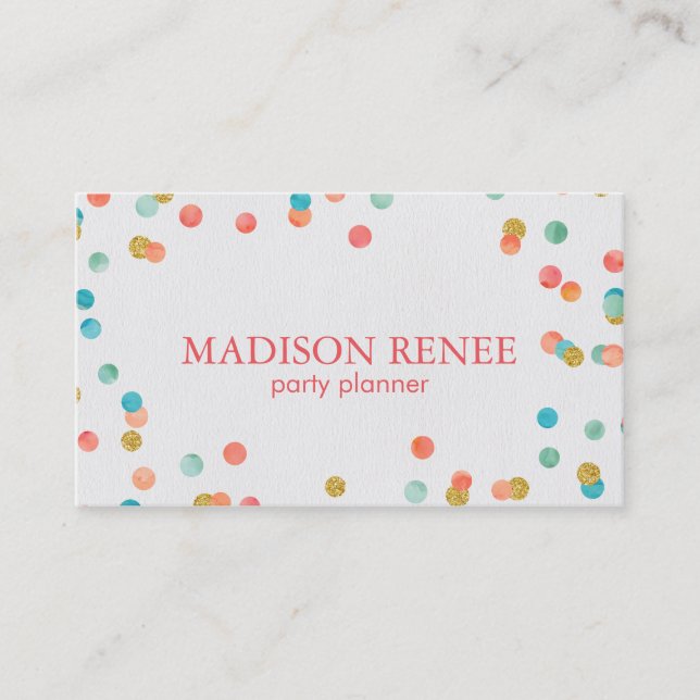 Watercolor and Gold Confetti Party Planner Business Card (Front)