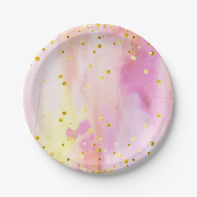 Watercolor and Gold Confetti Pink Plates (Front)