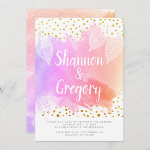 Watercolor and gold confetti typography wedding invitation