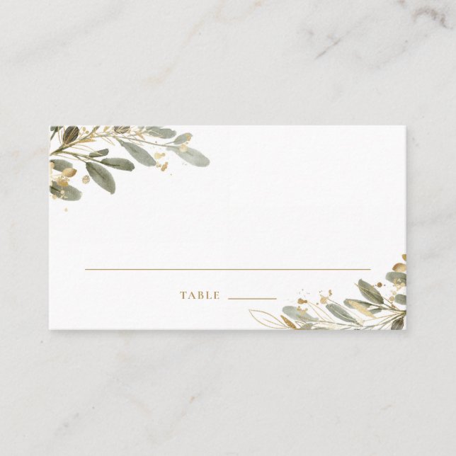 Watercolor and Gold Foil Eucalyptus Leaves Wedding Place Card (Front)
