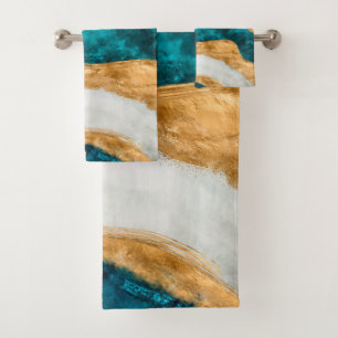 Watercolor and gold Turquoise Wave Abstract Bath Towel Set