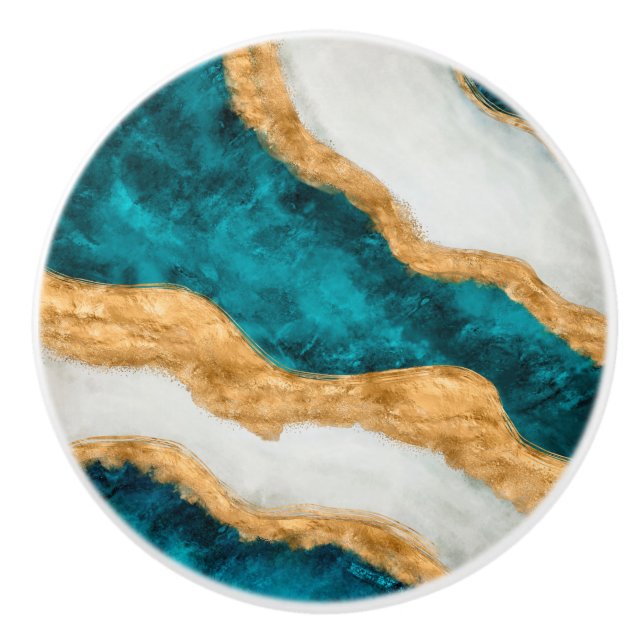 Watercolor and gold Turquoise Wave Abstract Ceramic Knob (Front)