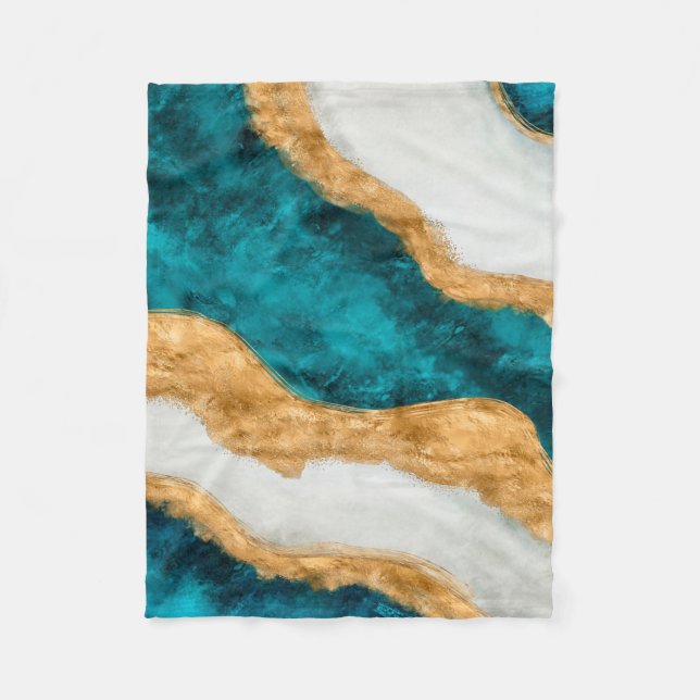 Watercolor and gold Turquoise Wave Abstract Fleece Blanket (Front)